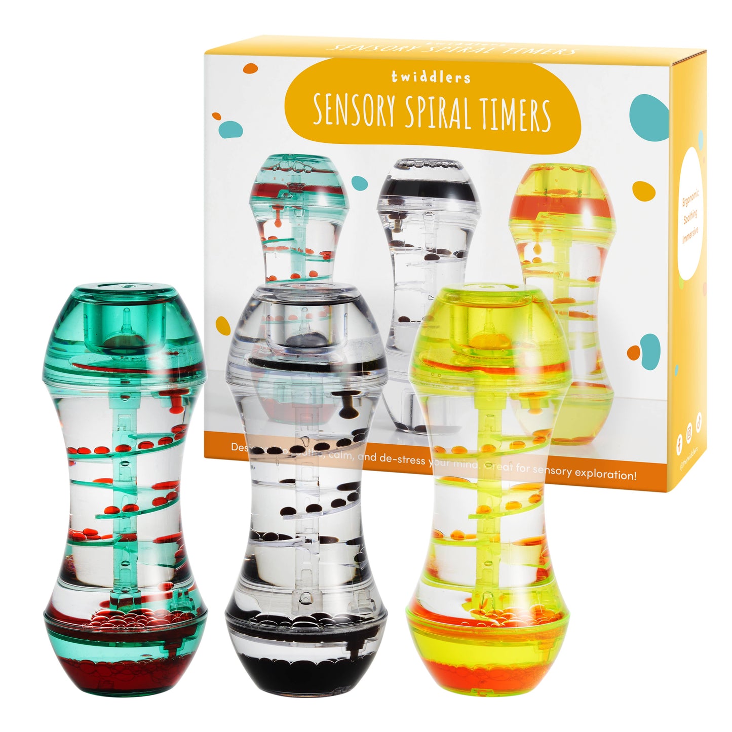 Pack of 3 Liquid Spiral Motion Timers, 15cm, Sensory Relief