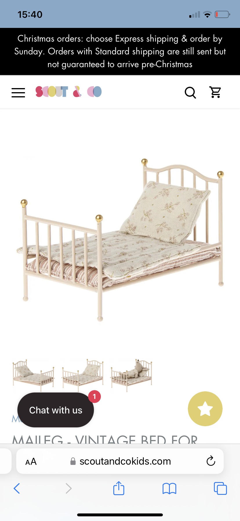 Maileg Mice Vintage Bed, Mouse Rose